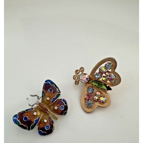 Vintage Butterfly Brooch Pins Lot of 2- Gold Tone with Rhinestones, Enamel Inlay - Picture 1 of 5